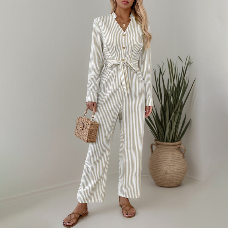 V-Neck Jumpsuit Commuter Striped Lace-Up Jumpsuit