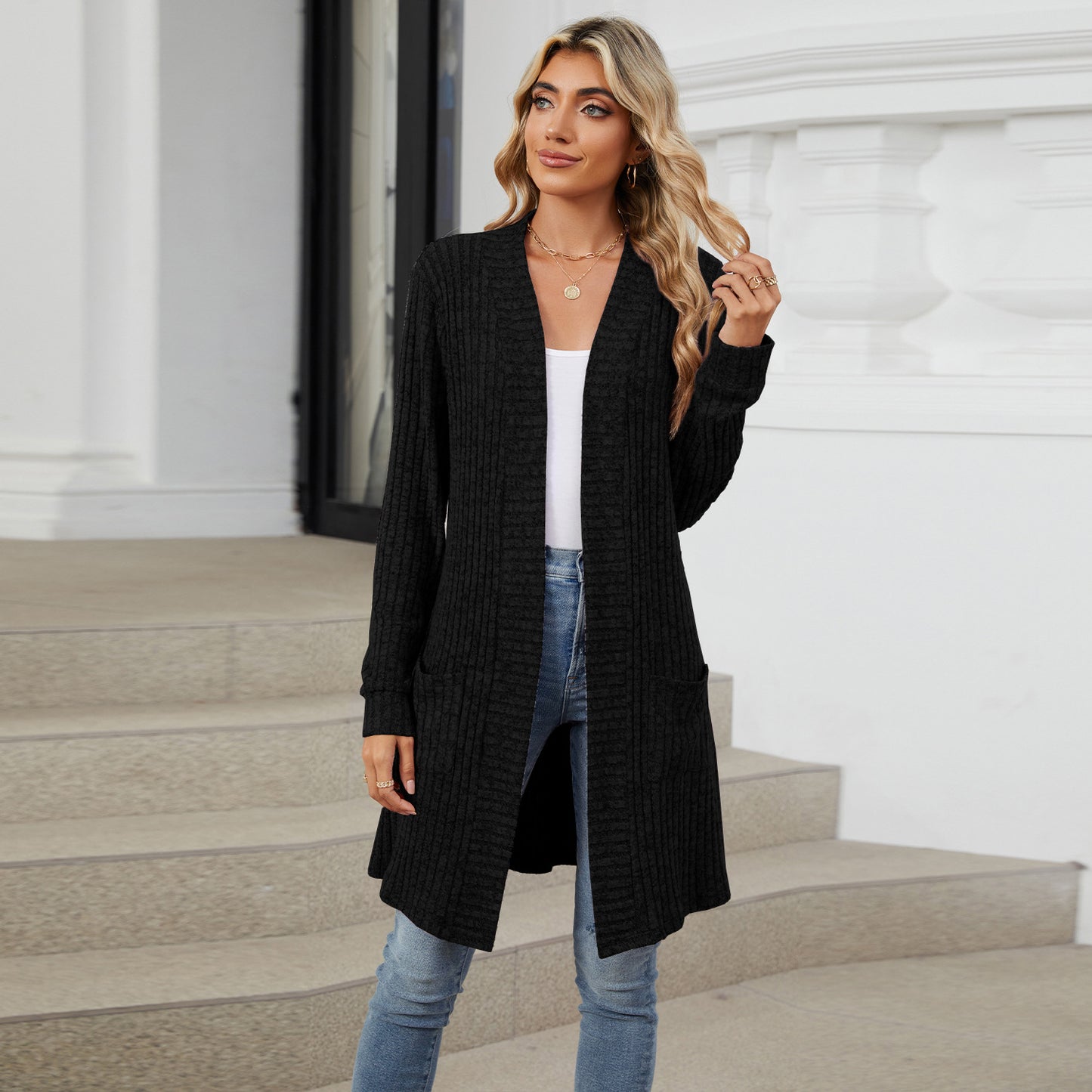 Long Solid Color Long-sleeved Loose Pocket Cardigan