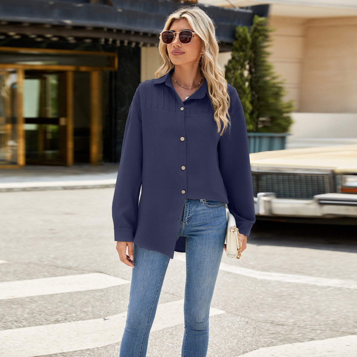 Solid Color Striped Lapel Button Long Sleeve Loose Shirt Women