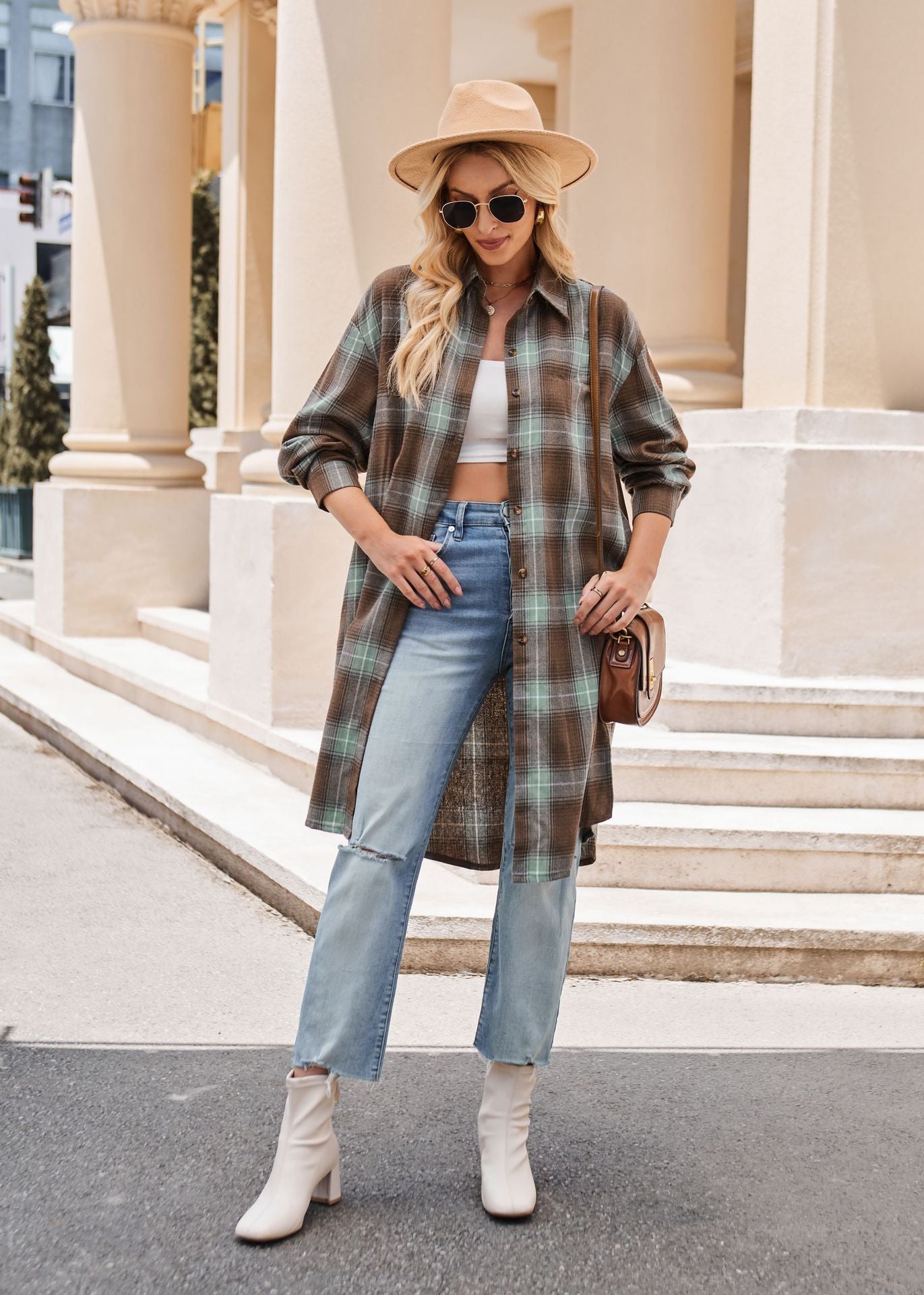 Women's Casual Fashion Loose Long Trench Coat Plaid Shirt