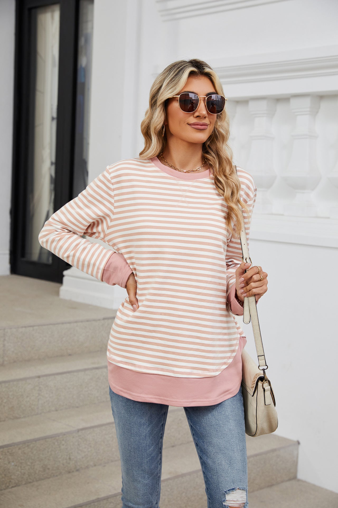 Striped Contrast Color Crew Neck Loose Long Sleeve Sweater