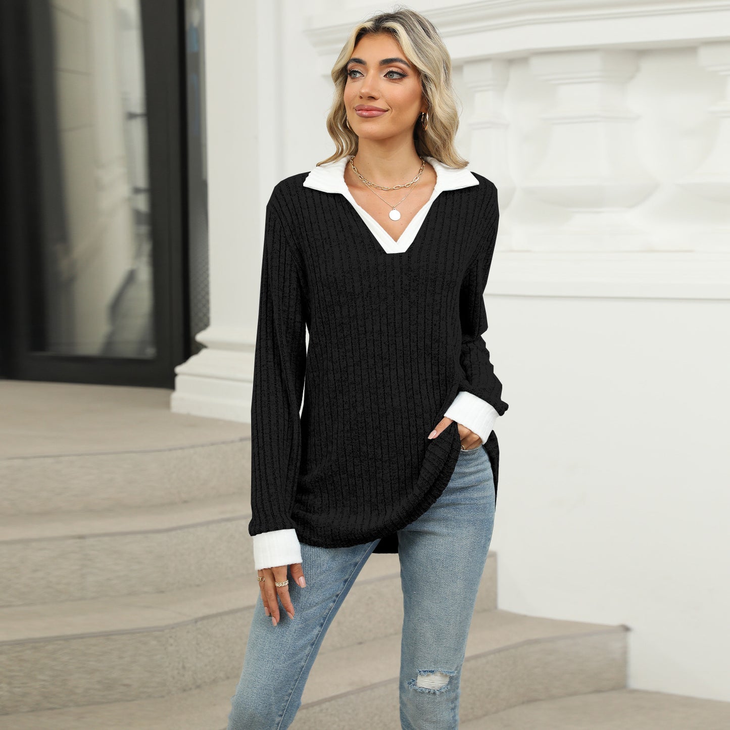 Contrasting Lapel Long Sleeve Loose T-Shirt Top