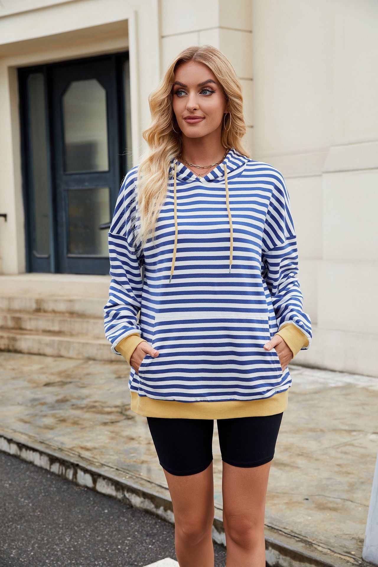 Striped Contrast Casual Hooded Loose Pocket Sweater