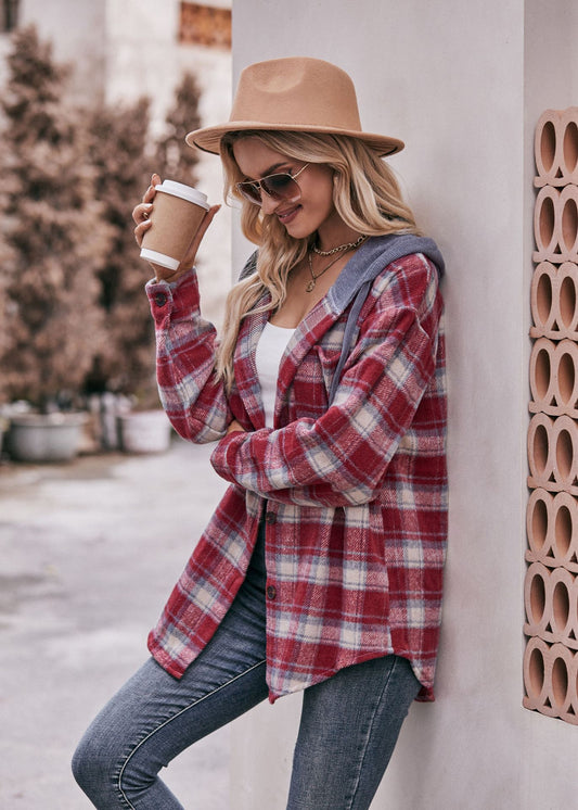 Women's Flannel Checked Jacket Hooded Casual Shirt