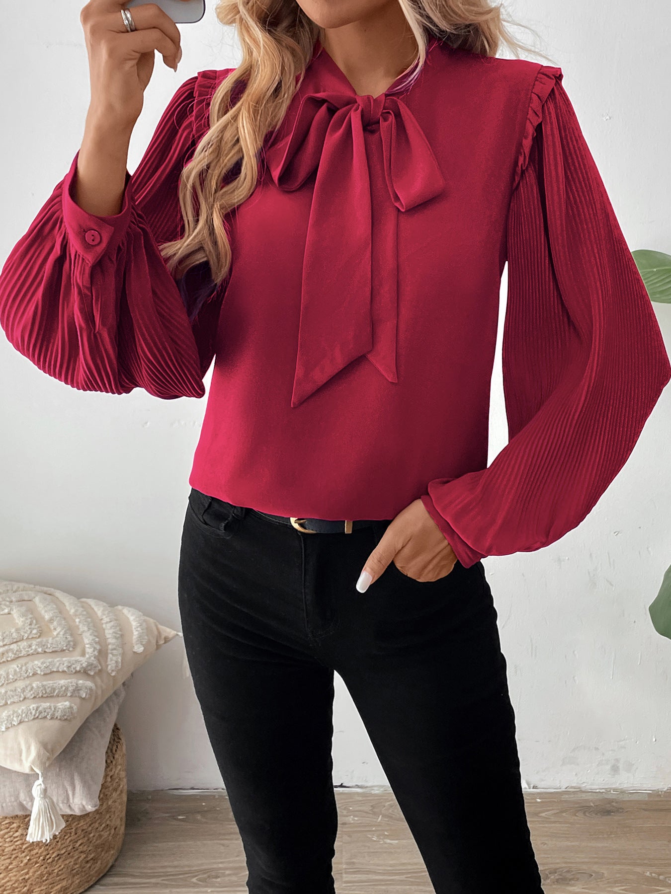 Lantern Long Sleeve Bow Neck Solid Color Women's Shirt