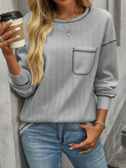 Women's Solid Color Crew Neck Pocket Casual Loose T-Shirt