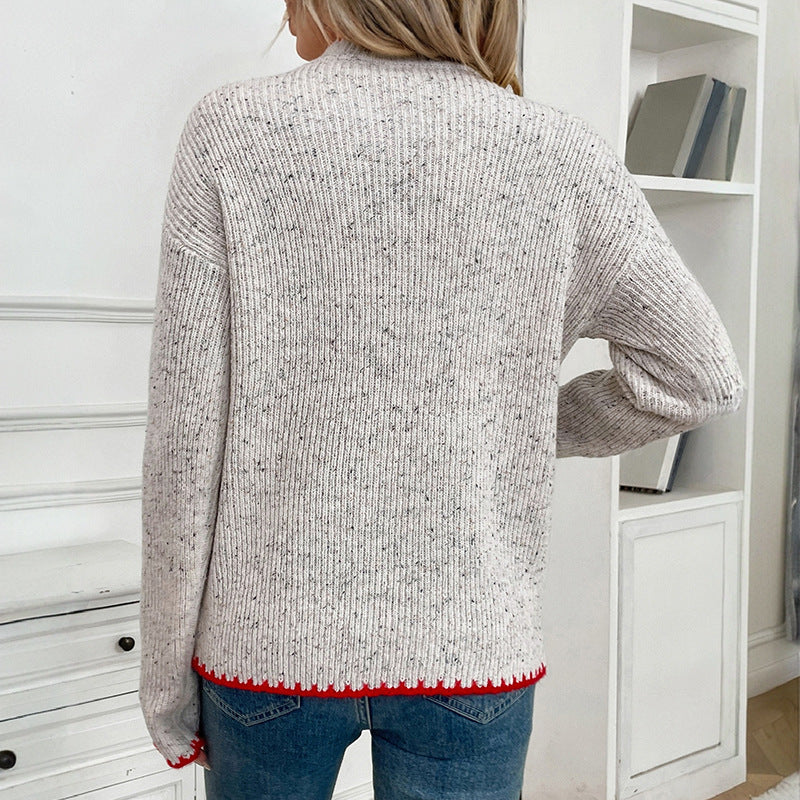 Half Turtleneck Valentine's Day Heart Pattern Sweater Crew Neck Casual Pullover