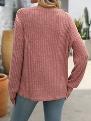 Crew neck polished solid color top long sleeve button