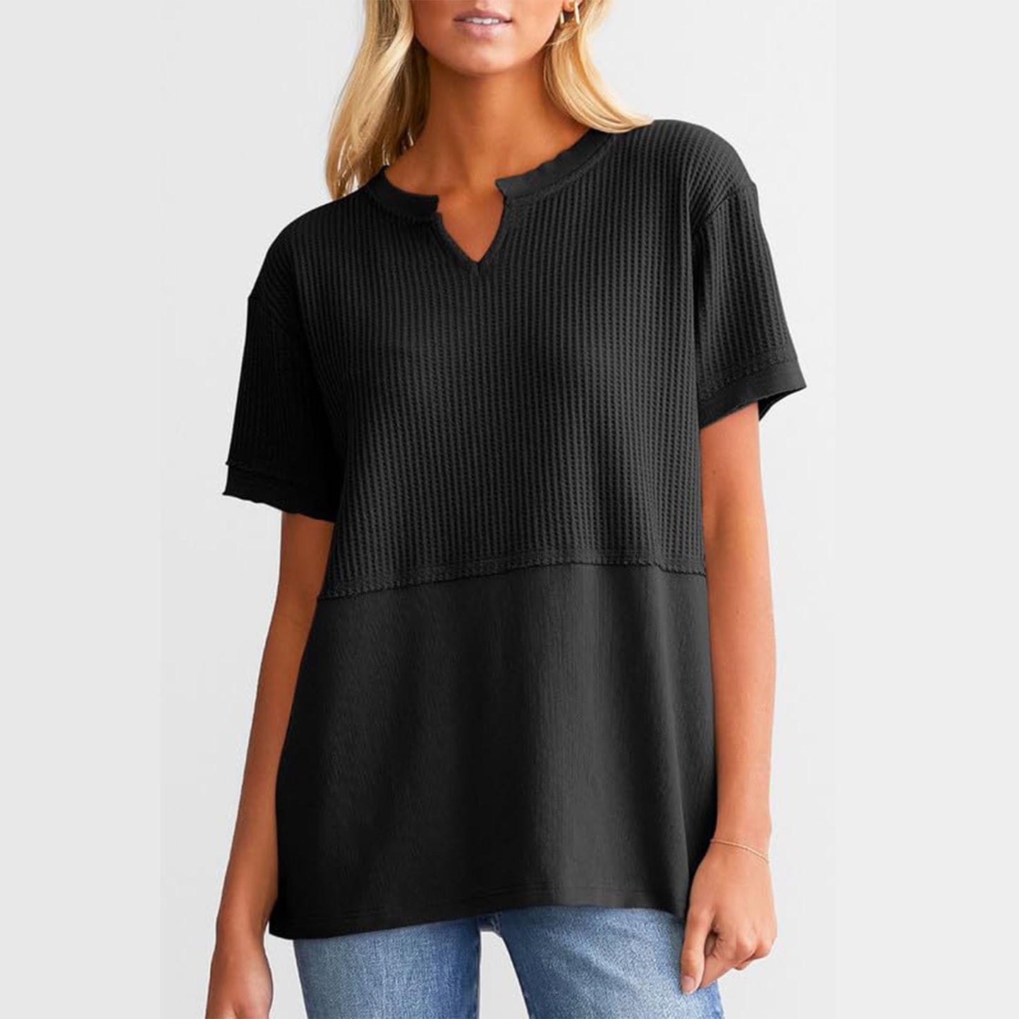 V Neck Waffle Knit Tops Short Sleeve T Shirts Loose Blouses