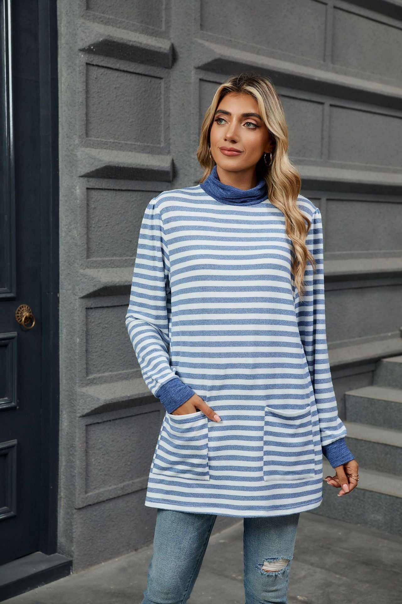 Stripes Contrast Loose Pockets High Neck Long Sleeves