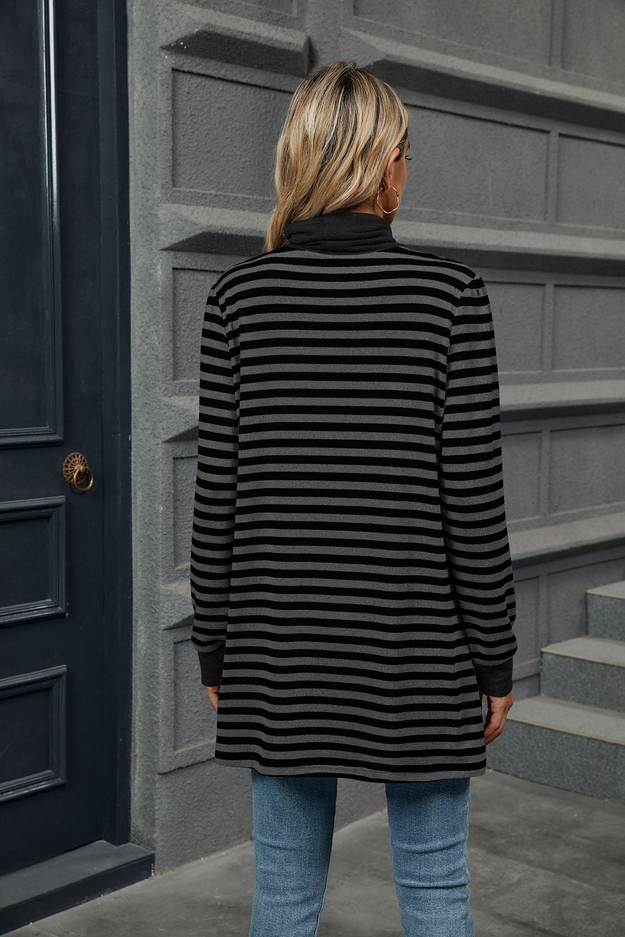 Stripes Contrast Loose Pockets High Neck Long Sleeves