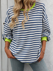 Women Color Striped Crew Neck Loose Sweatshirt Sweater