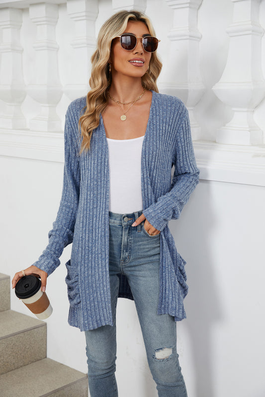 Solid Color Pocket Long-sleeved Bottom Cardigan Knitted Sweater