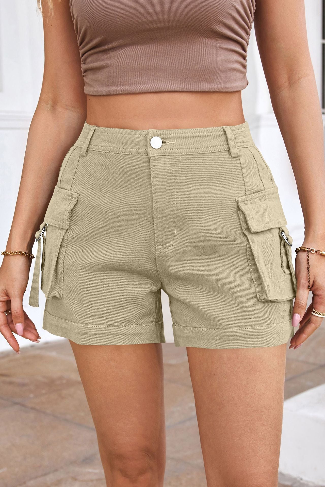 Women's High-waisted Stylish Elastic Pocket Casual Cargo Shorts