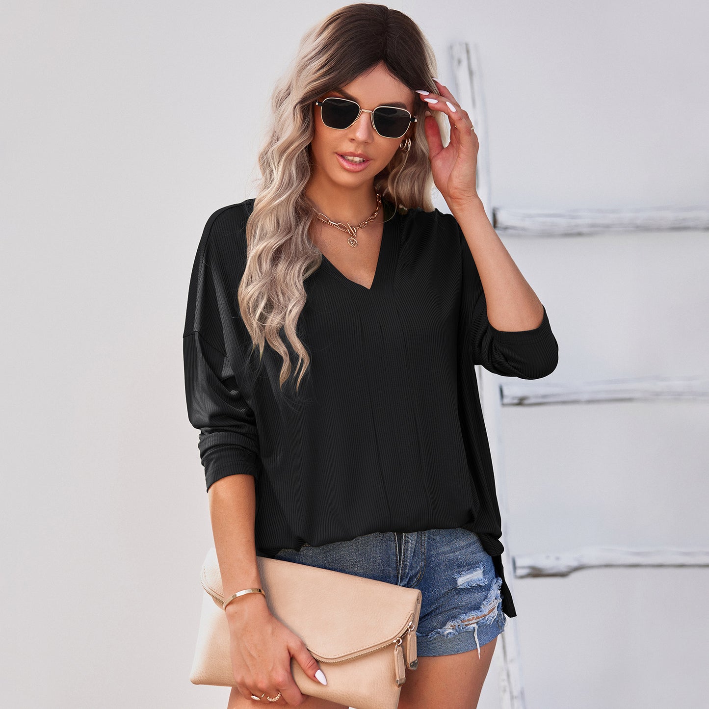 V-neck Solid Color Pullover Thin Knitted Sweater