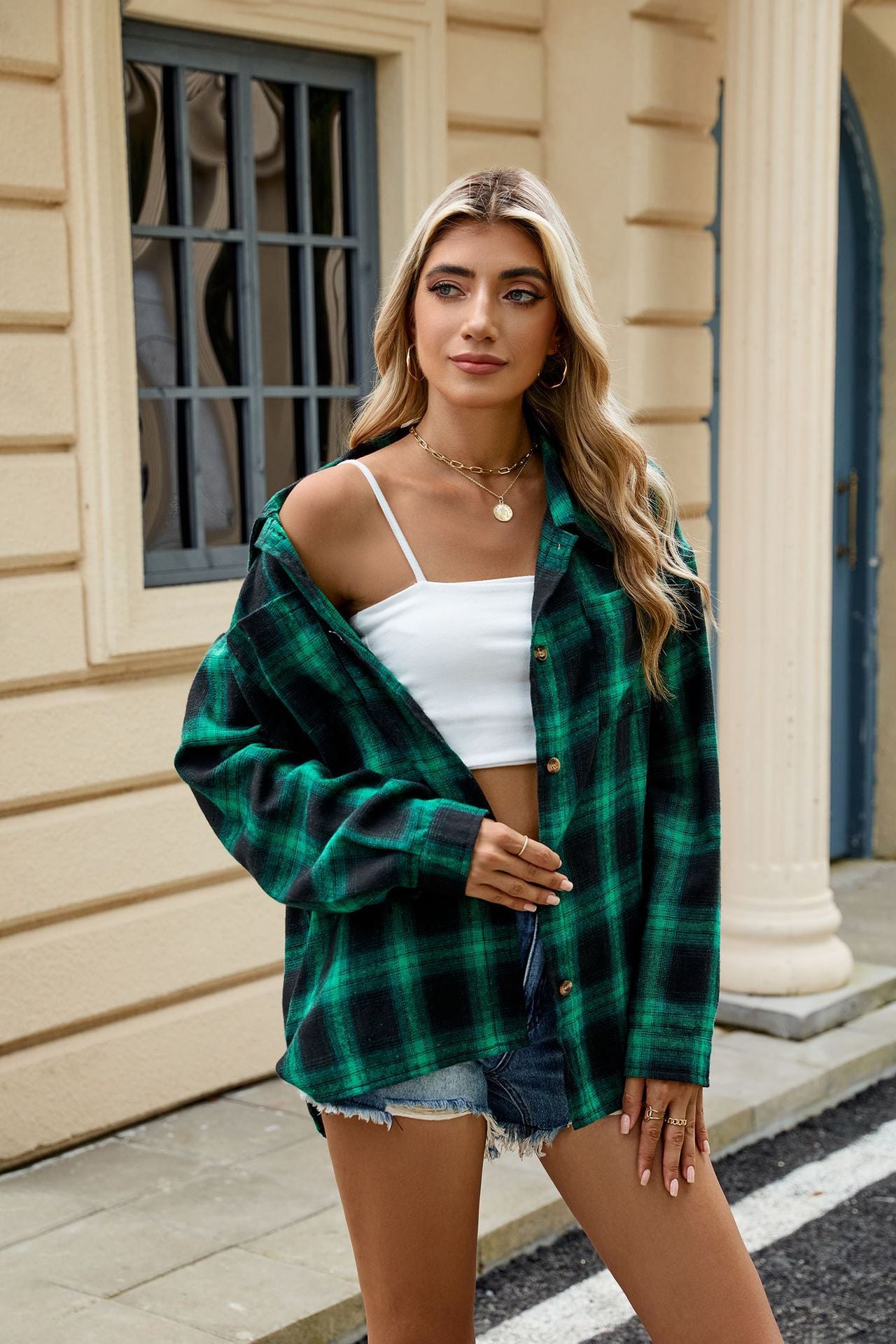 Long Sleeve Pocket Button Plaid Shirt