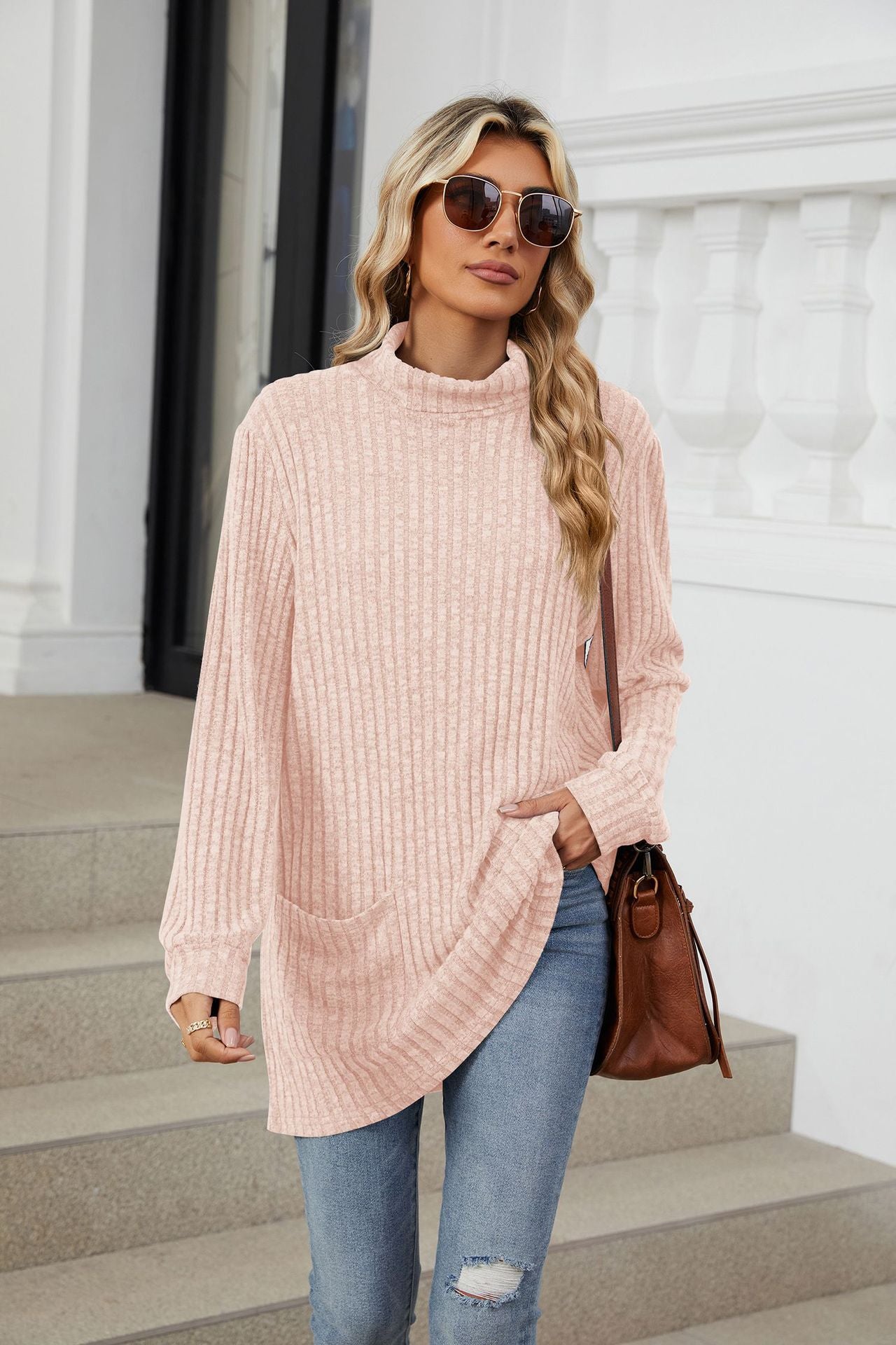 Solid Color Semi-turtleneck Long-sleeved Loose Pocket T-shirt Top