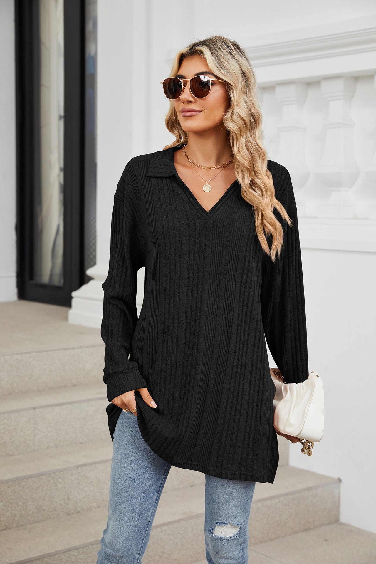 Solid Color V-neck Long-sleeved Loose T-shirt Top