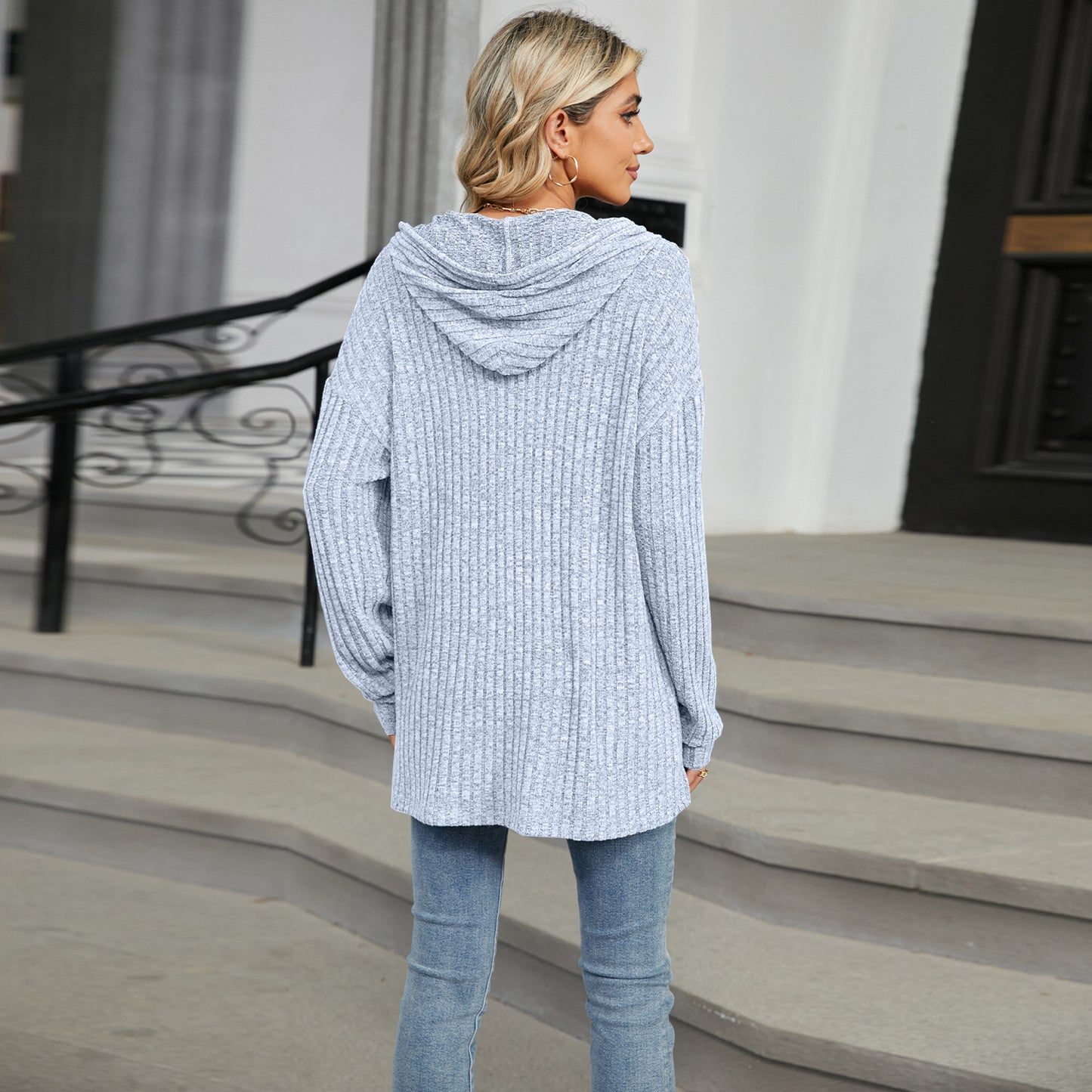 Solid Color Hooded Button-down Sweater