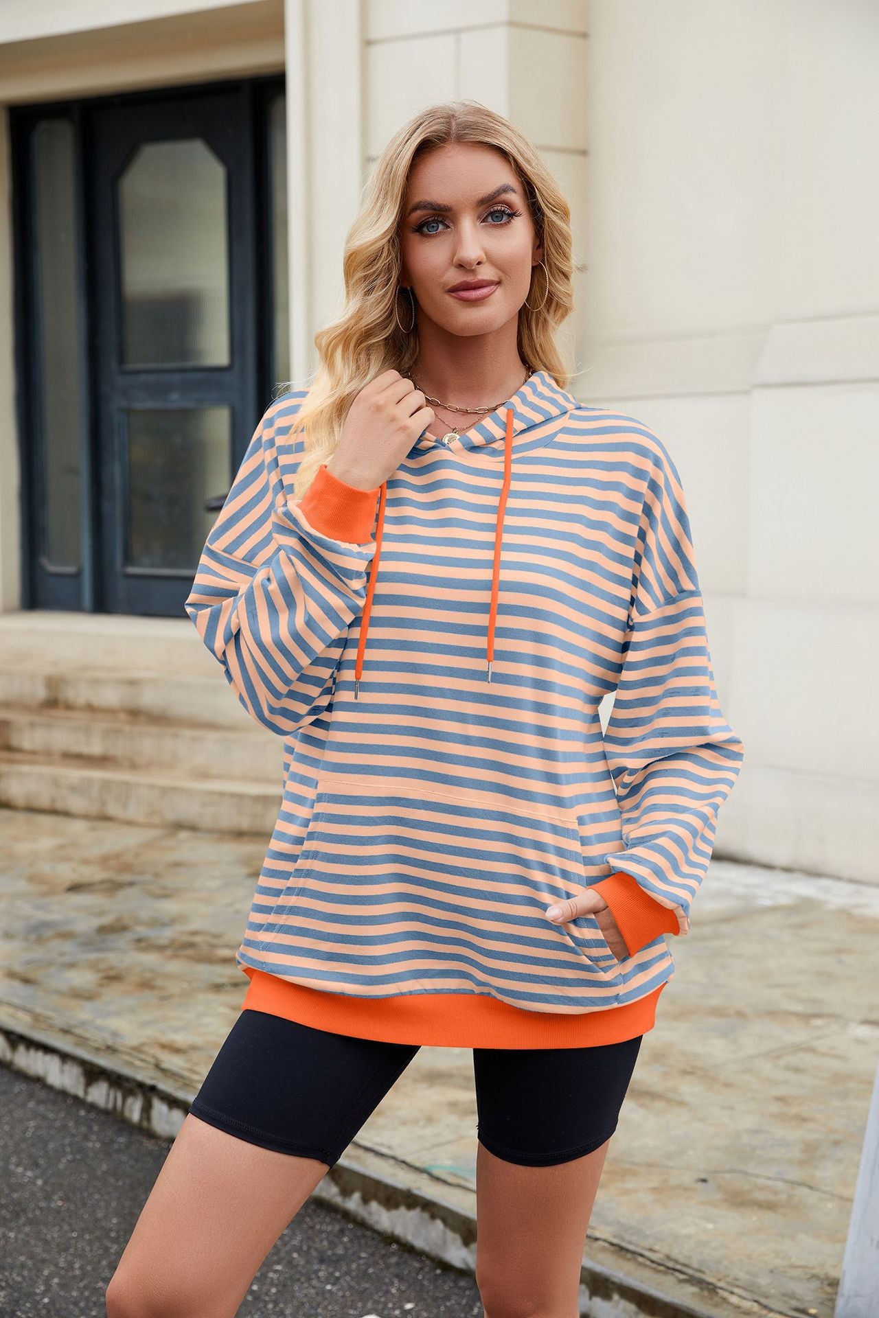 Striped Contrast Casual Hooded Loose Pocket Sweater