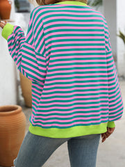 Women Color Striped Crew Neck Loose Sweatshirt Sweater