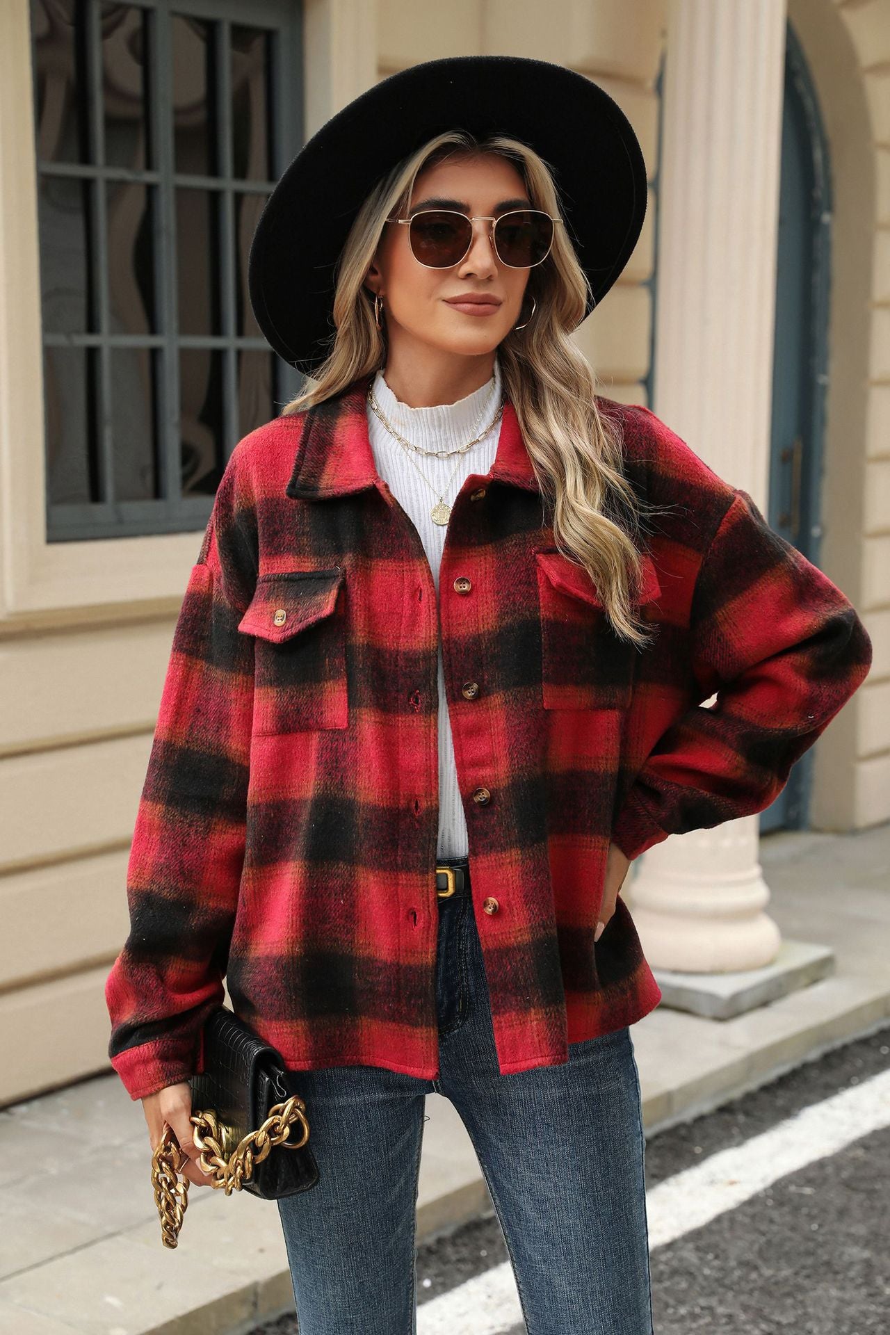 Lapel Plaid Long-sleeved Loose Woolen Jacket