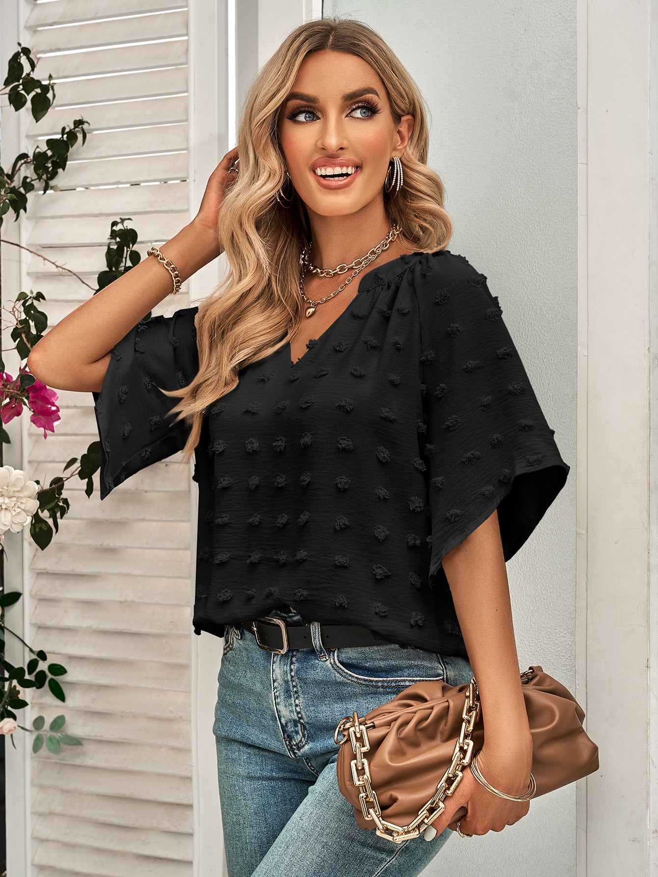 Casual V-neck Solid Furball Top