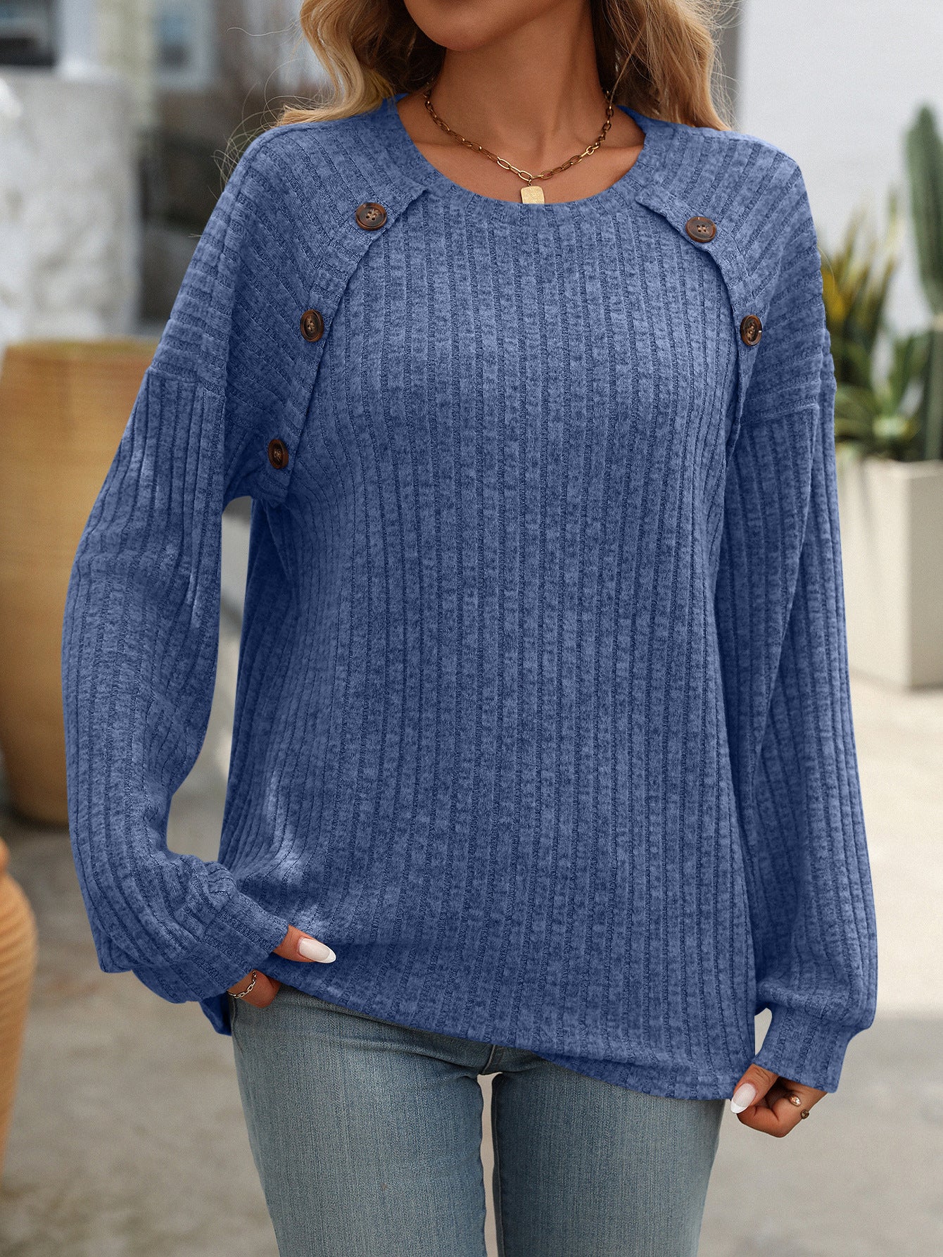 Crew neck polished solid color top long sleeve button