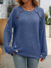 Crew neck polished solid color top long sleeve button