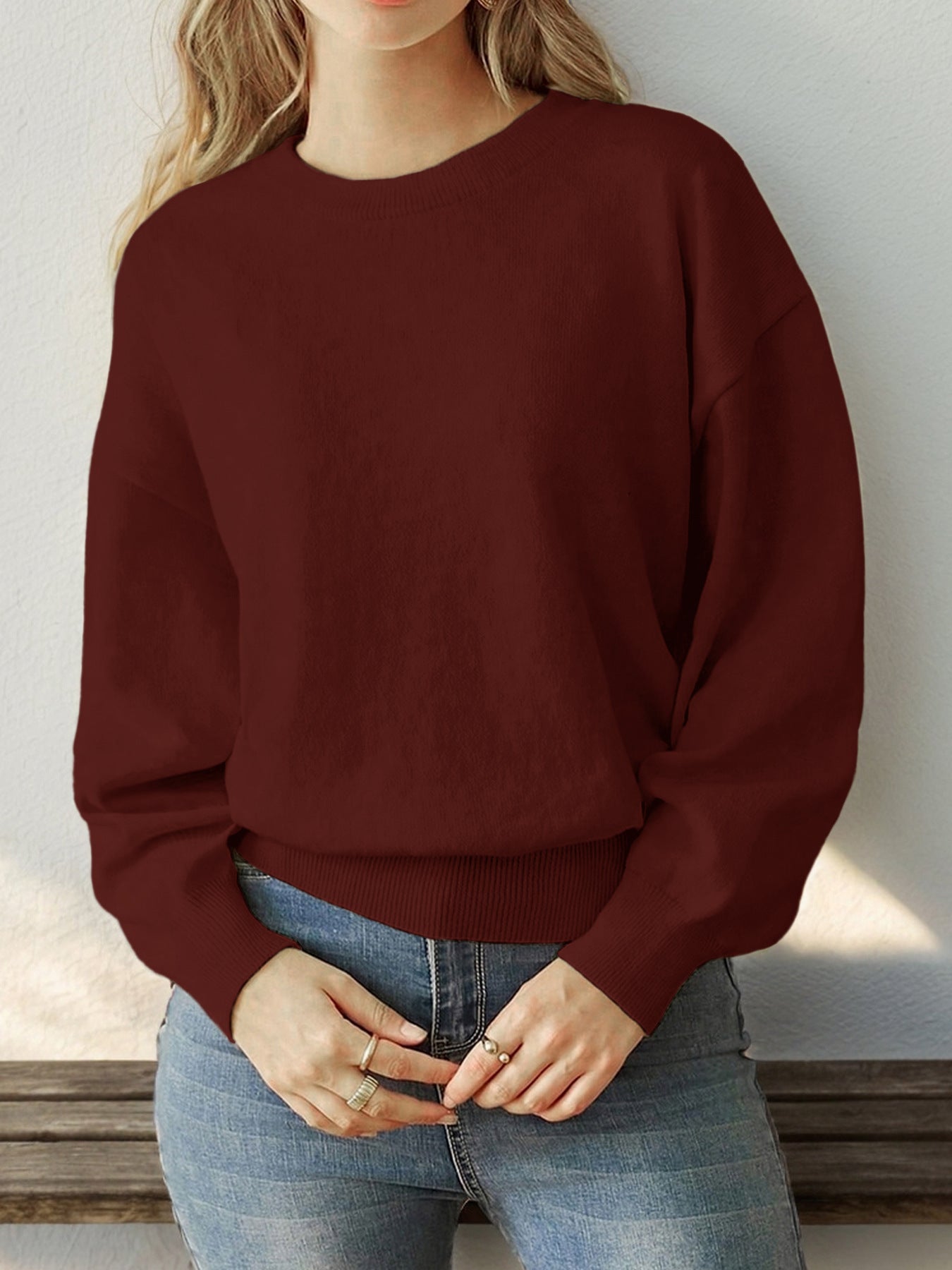 Crew Neck Long Sleeve Solid Color Sweater Women