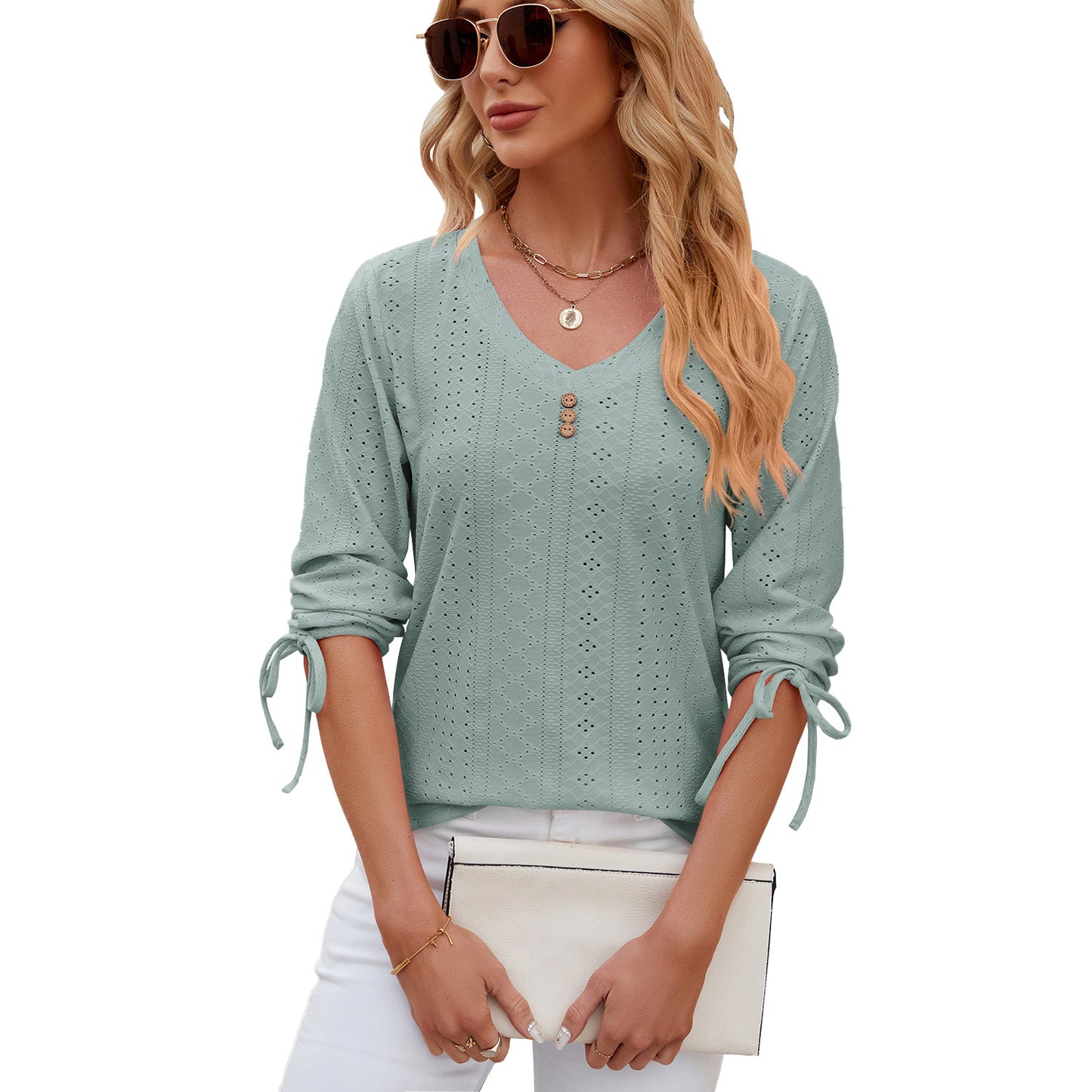 Solid Color Jacquard Button Middle Sleeve T-shirt