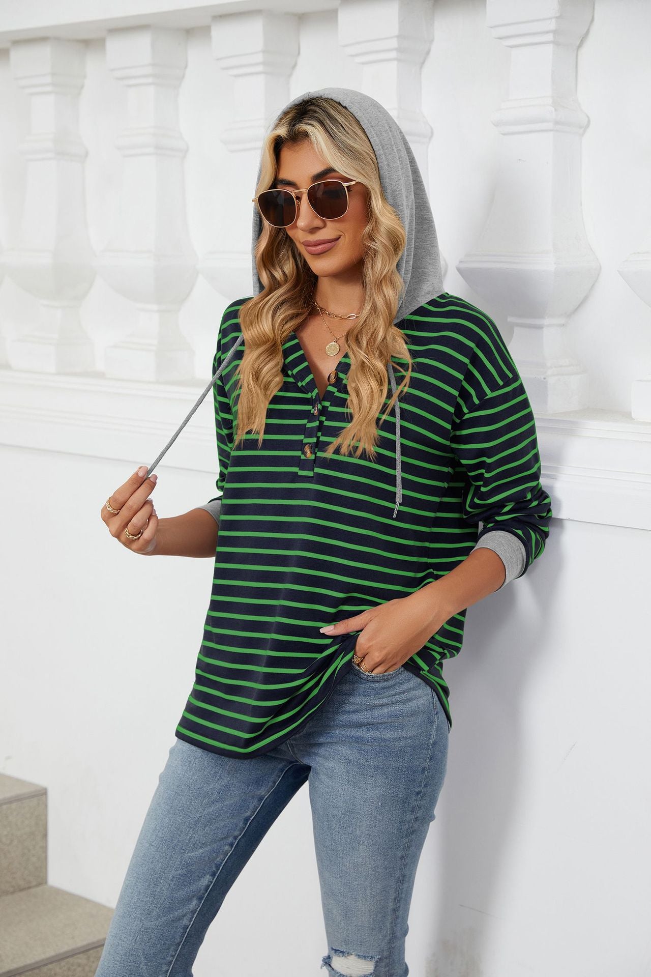 Striped Contrasting Splicing Hooded Long-sleeved Loose Sweater