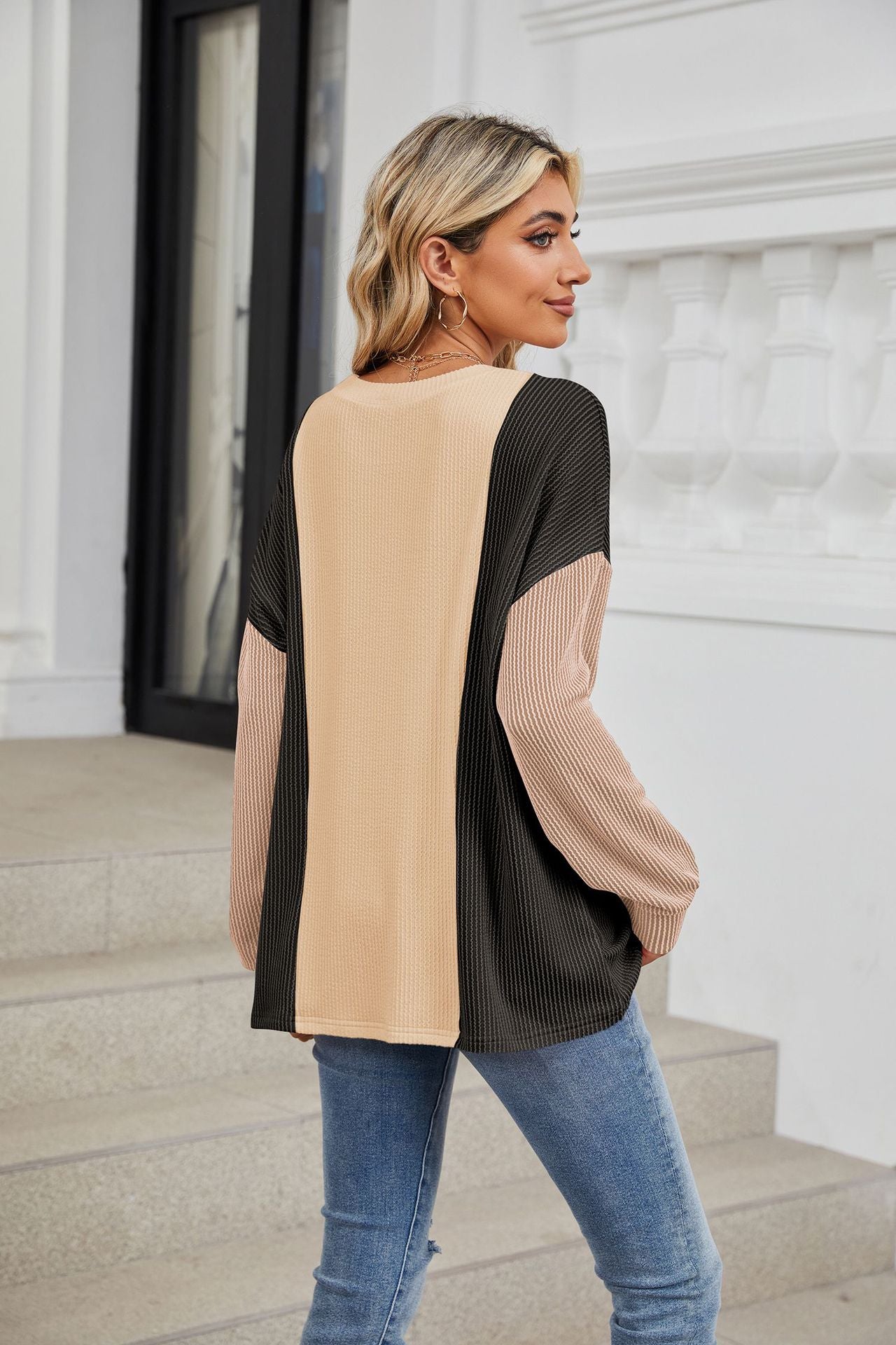 Crew Neck Splicing Loose Sleeve Long Sleeve