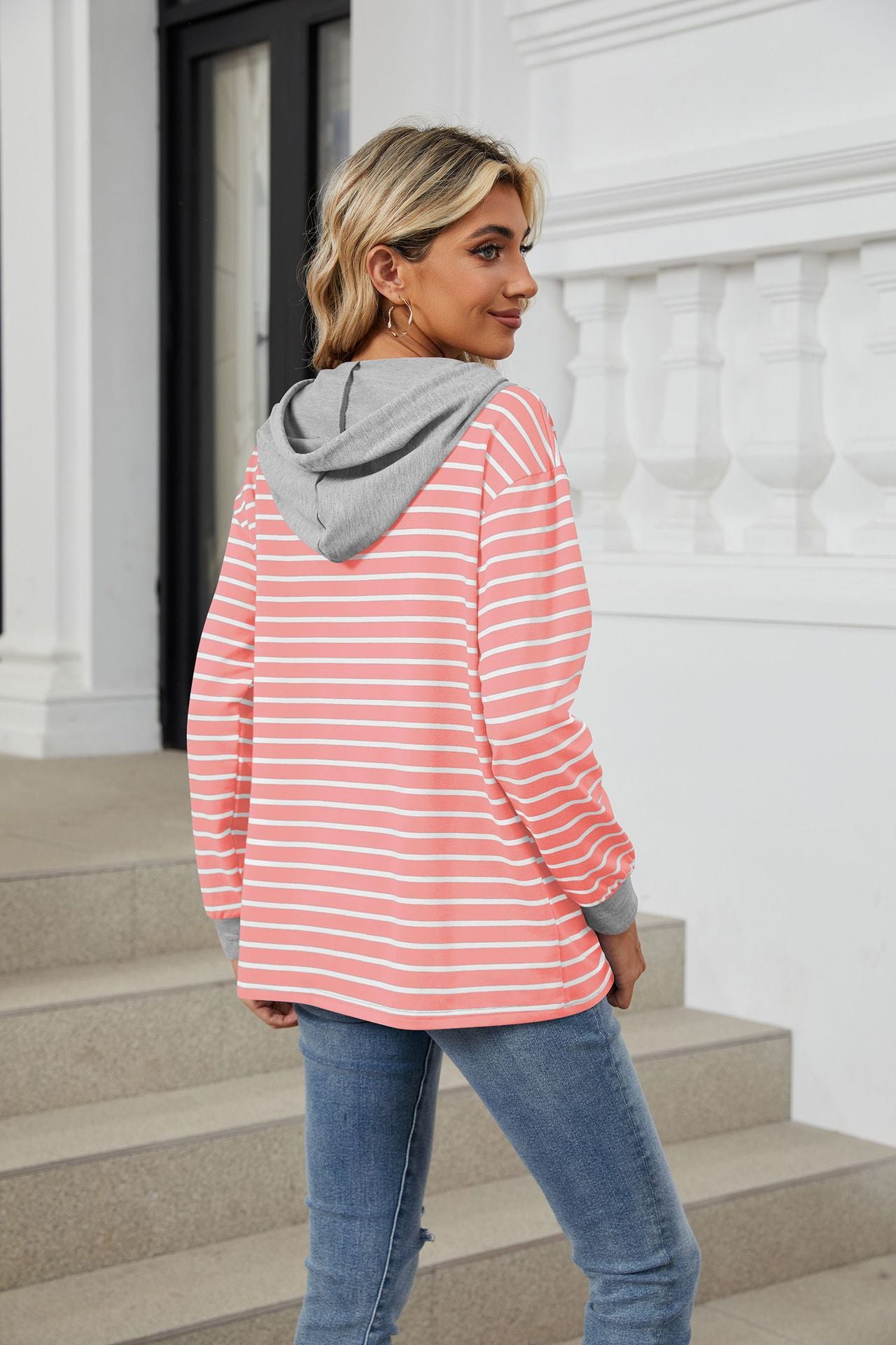 Striped Contrasting Splicing Hooded Long-sleeved Loose Sweater