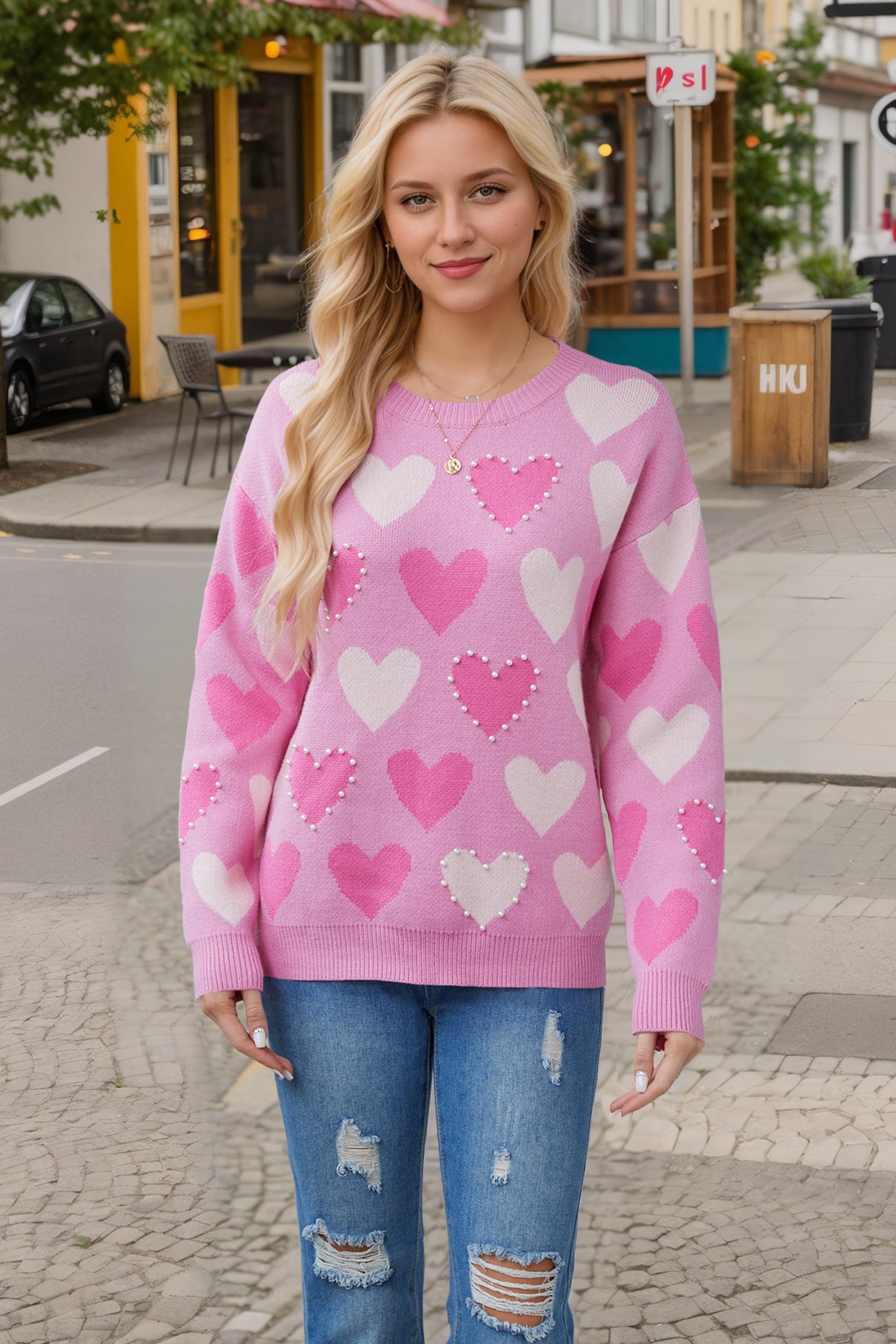 Valentine's Day Oversized Sweaters Heart Peach Print Pullover Tops