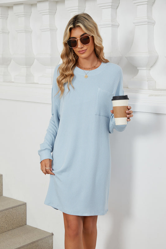 Crew Neck Striped Pocket Loose Long Sleeve Dress