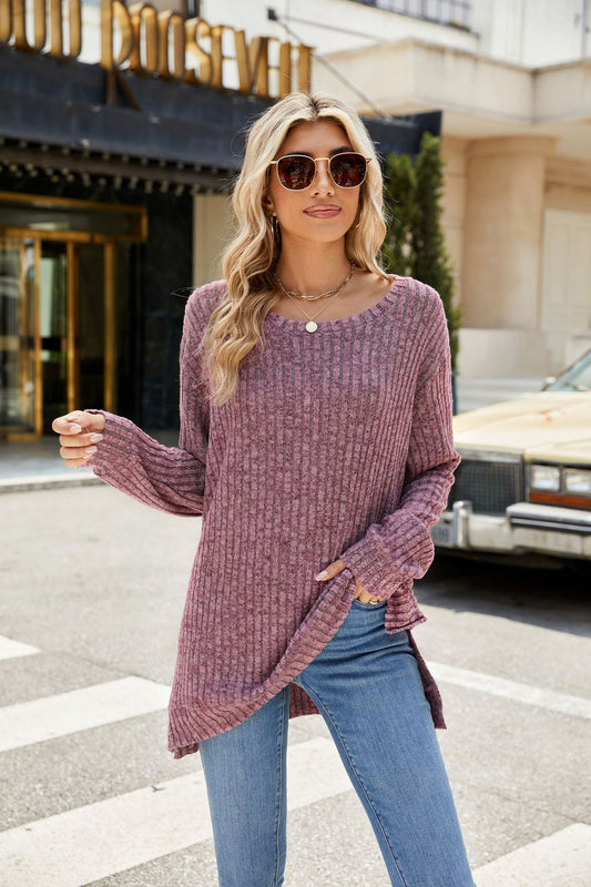 Crew Neck Loose Long-sleeved Split Top