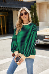 Striped Crew Neck Contrast Color Loose Long Sleeve Sweater