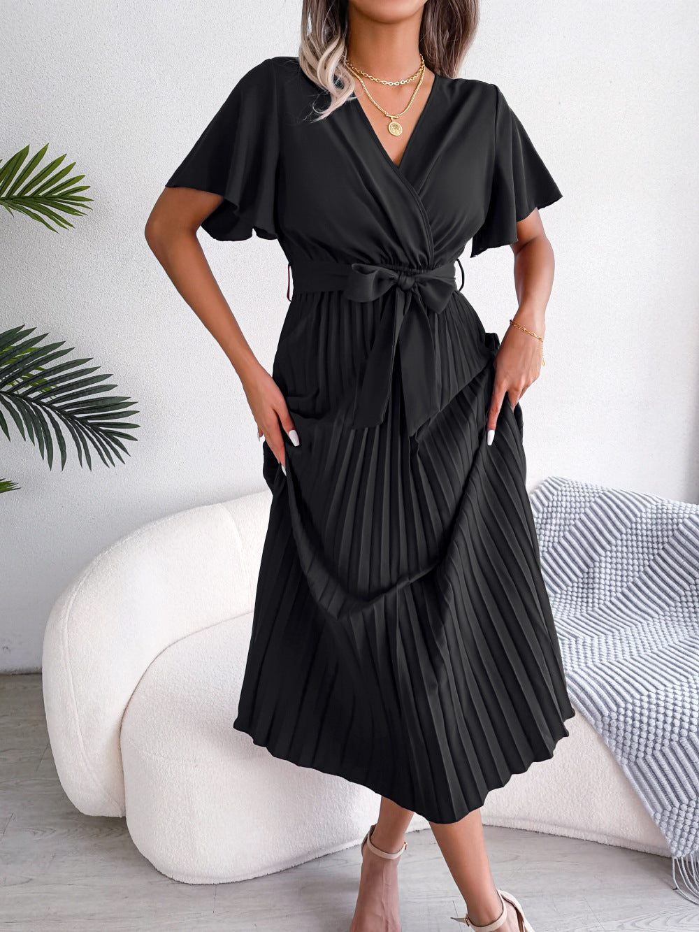 Casual Short Sleeve V-Neck Pleated A Line Flowy Dresses