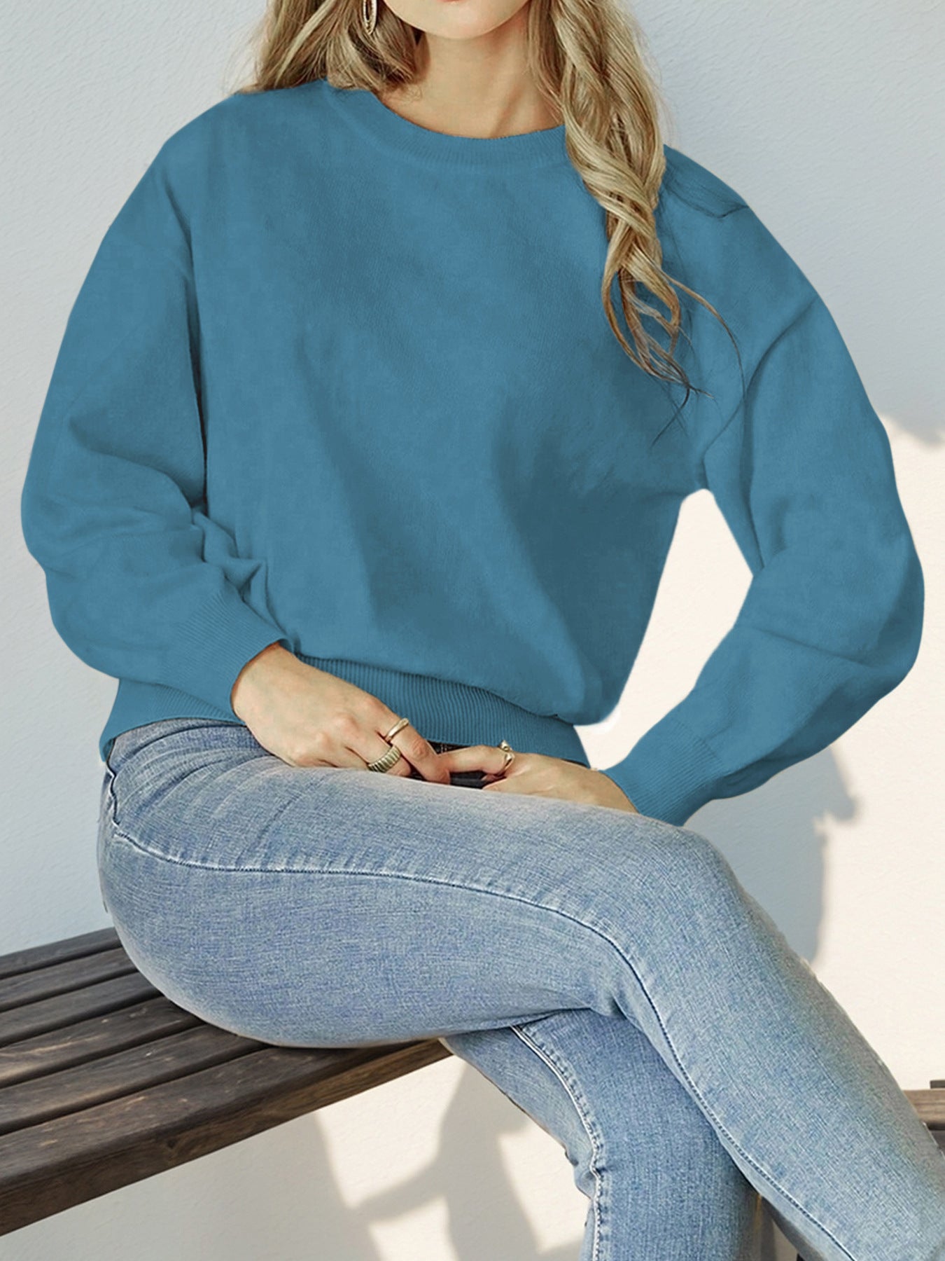 Crew Neck Long Sleeve Solid Color Sweater Women