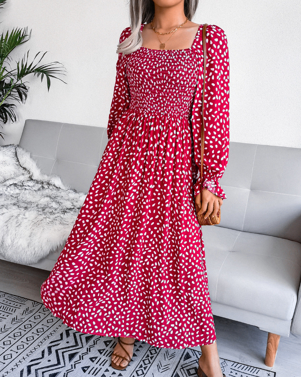 Dresses Pleated Maxi Square Neck Long Sleeve Casual Cotton