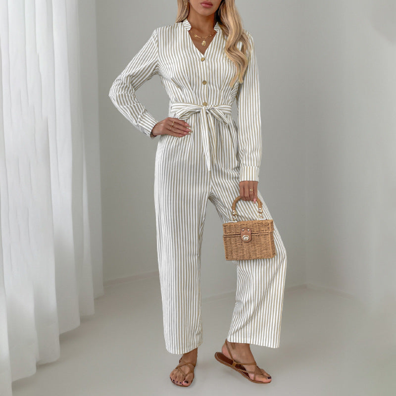 V-Neck Jumpsuit Commuter Striped Lace-Up Jumpsuit