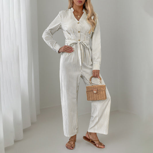 V-Neck Jumpsuit Commuter Striped Lace-Up Jumpsuit