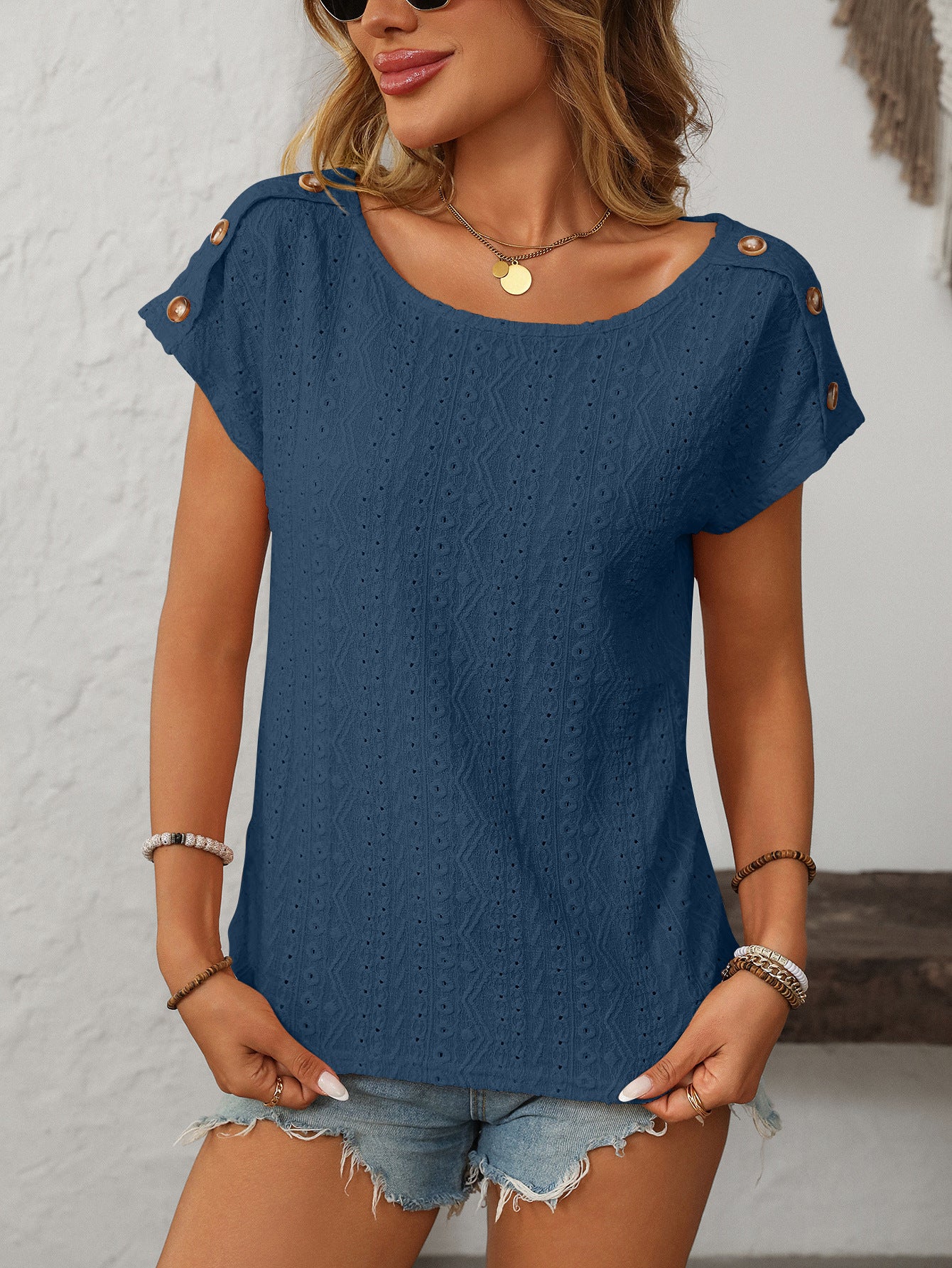 Solid Crewneck Button Short-sleeved Cut-out Top