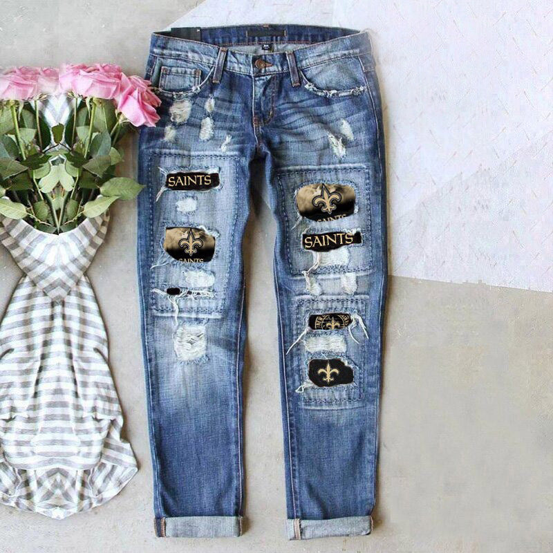 Casual Nine-point Pants Women with Holes and Prints