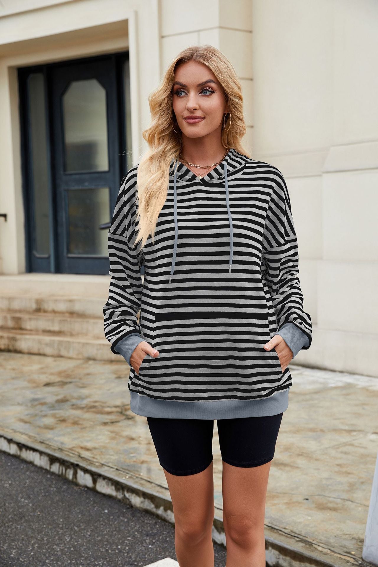 Striped Contrast Casual Hooded Loose Pocket Sweater