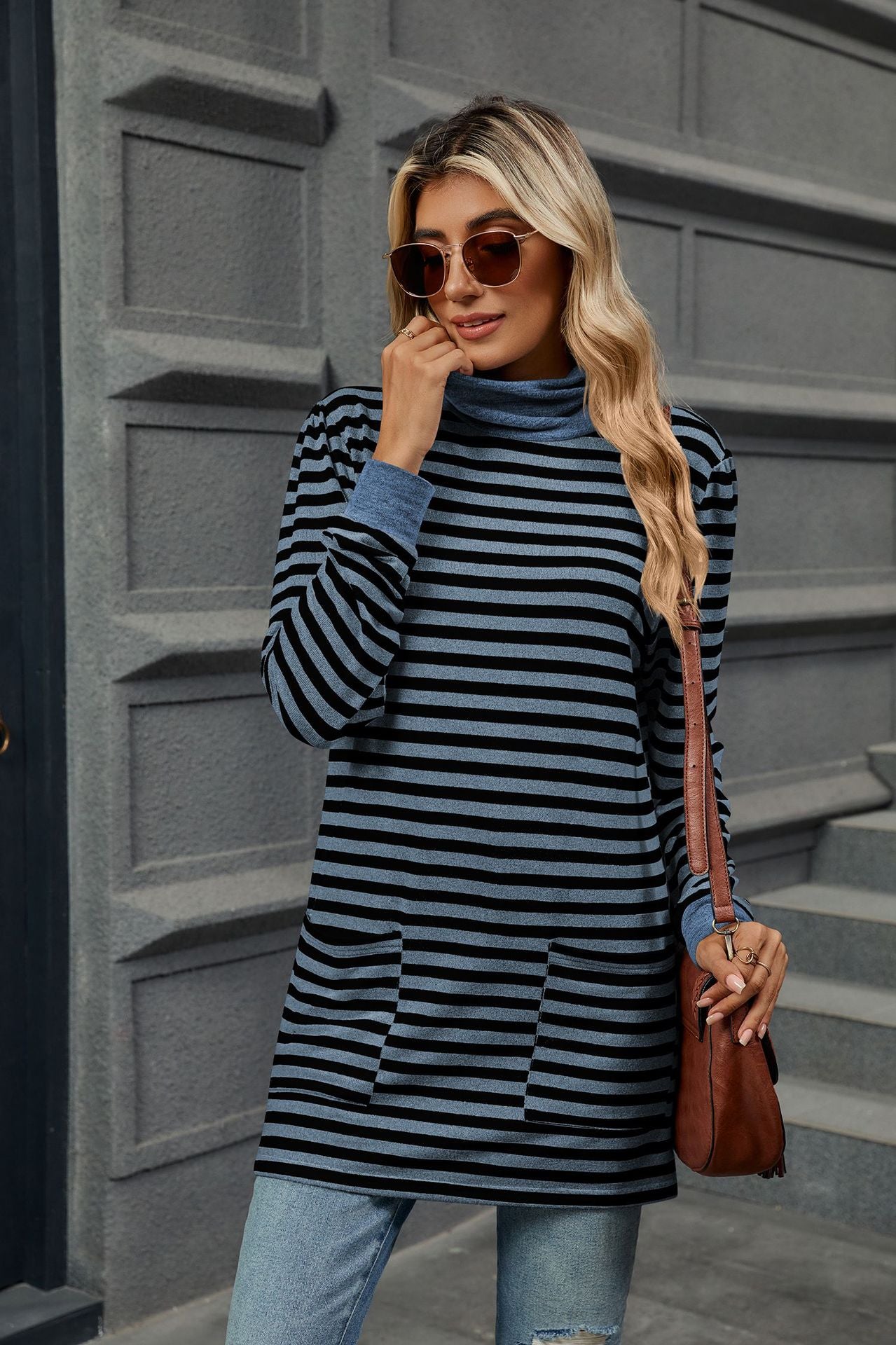 Stripes Contrast Loose Pockets High Neck Long Sleeves