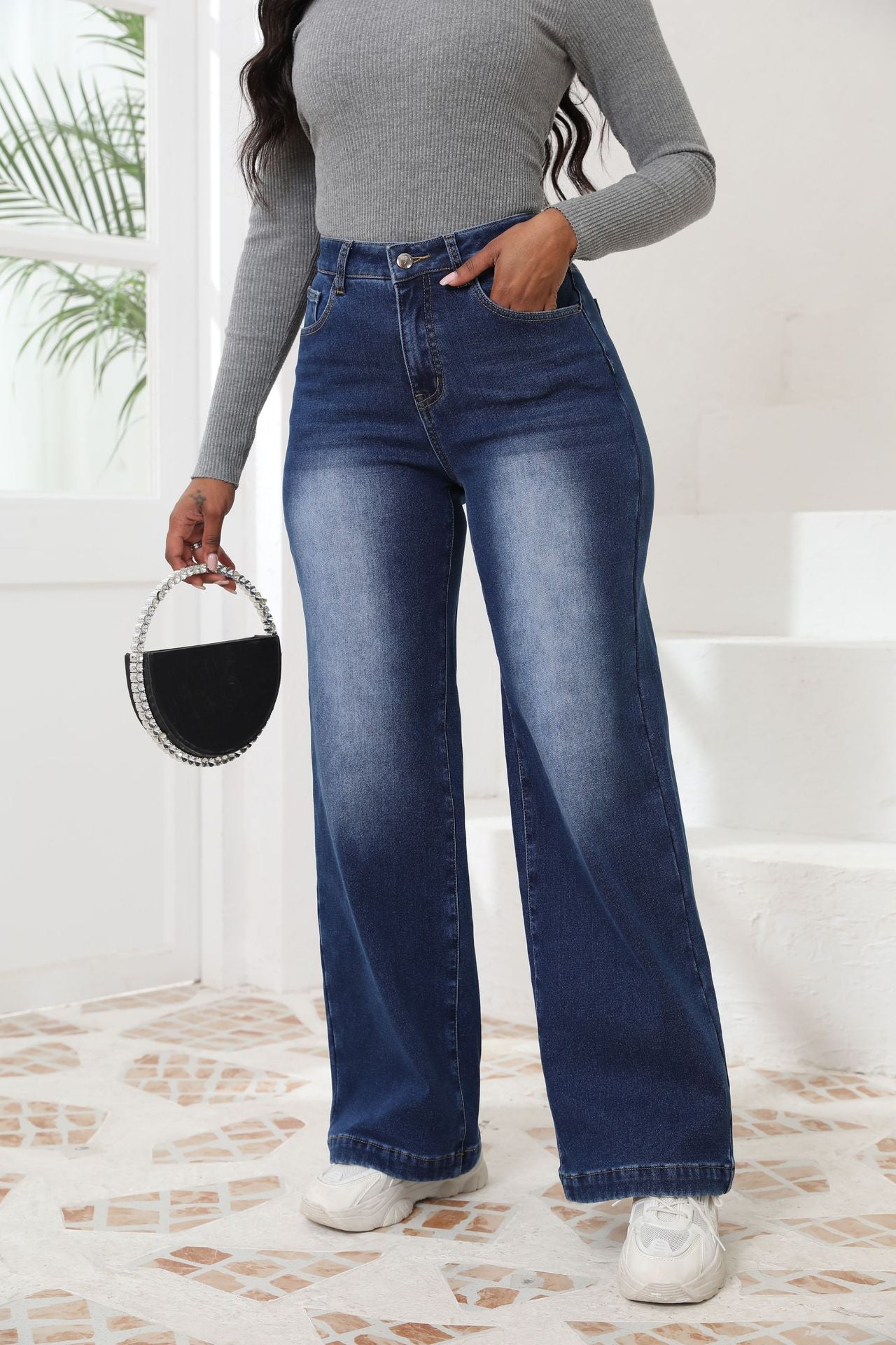 Women's Fleece Thickened Wide-leg Pants Straight High-waisted Jeans