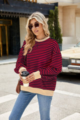 Striped Crew Neck Contrast Color Loose Long Sleeve Sweater