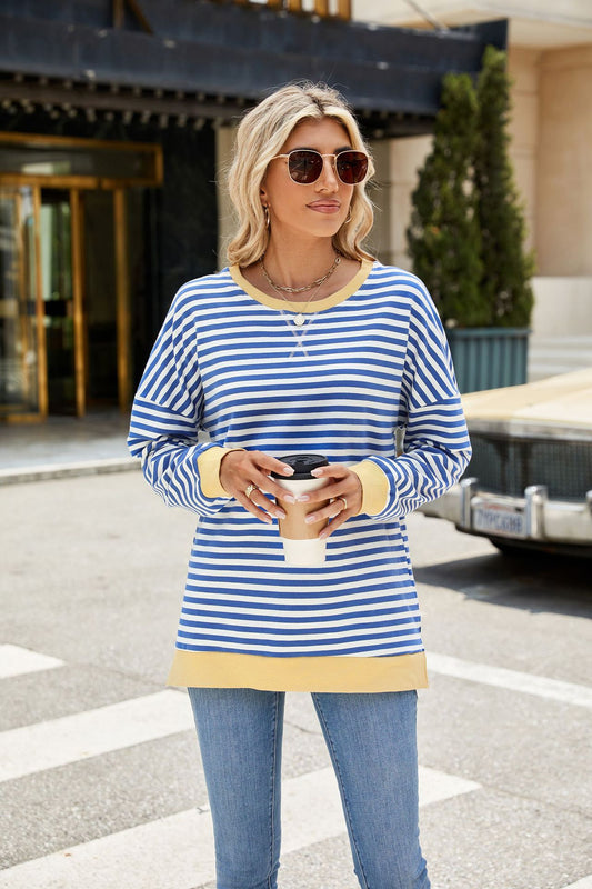 Contrasting Crew Neck Split Long Sleeve Loose Striped Sweater